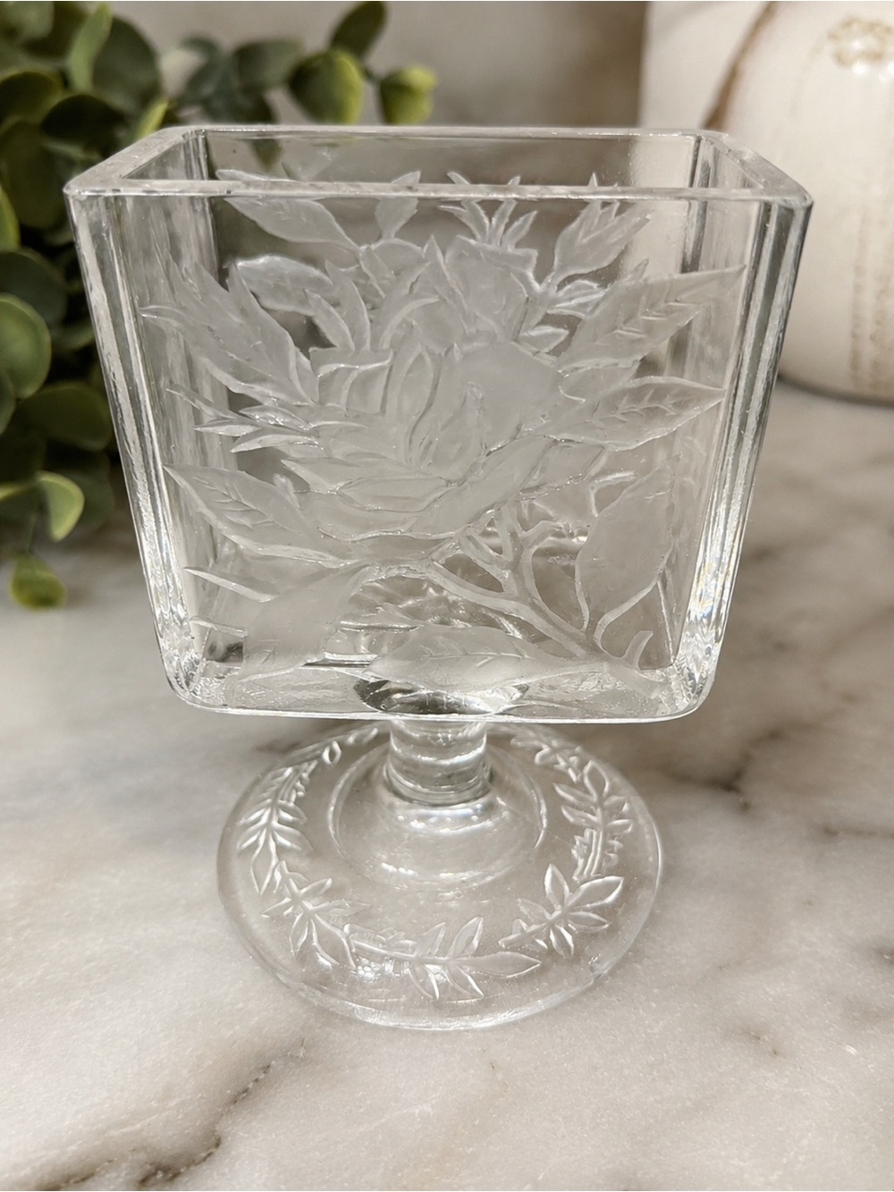 Vintage Etched Glass Footed Vase Compote Floral Rose Square Bowl 4”